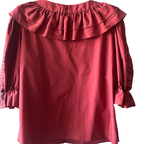 Peasant CottageCore prairie ruffles crimson snap front blouse - Picture 4 of 6